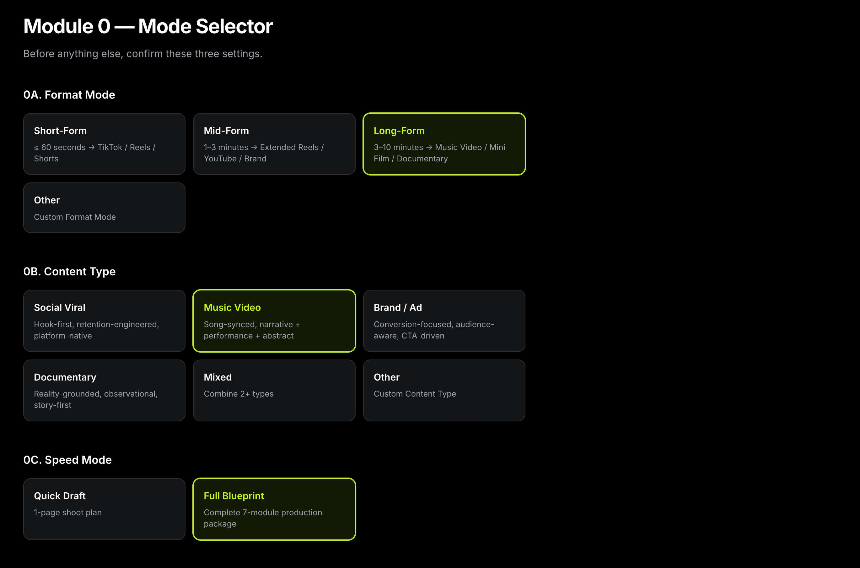 Module 0: Mode selector interface showing Format, Content Type, and Speed Mode options